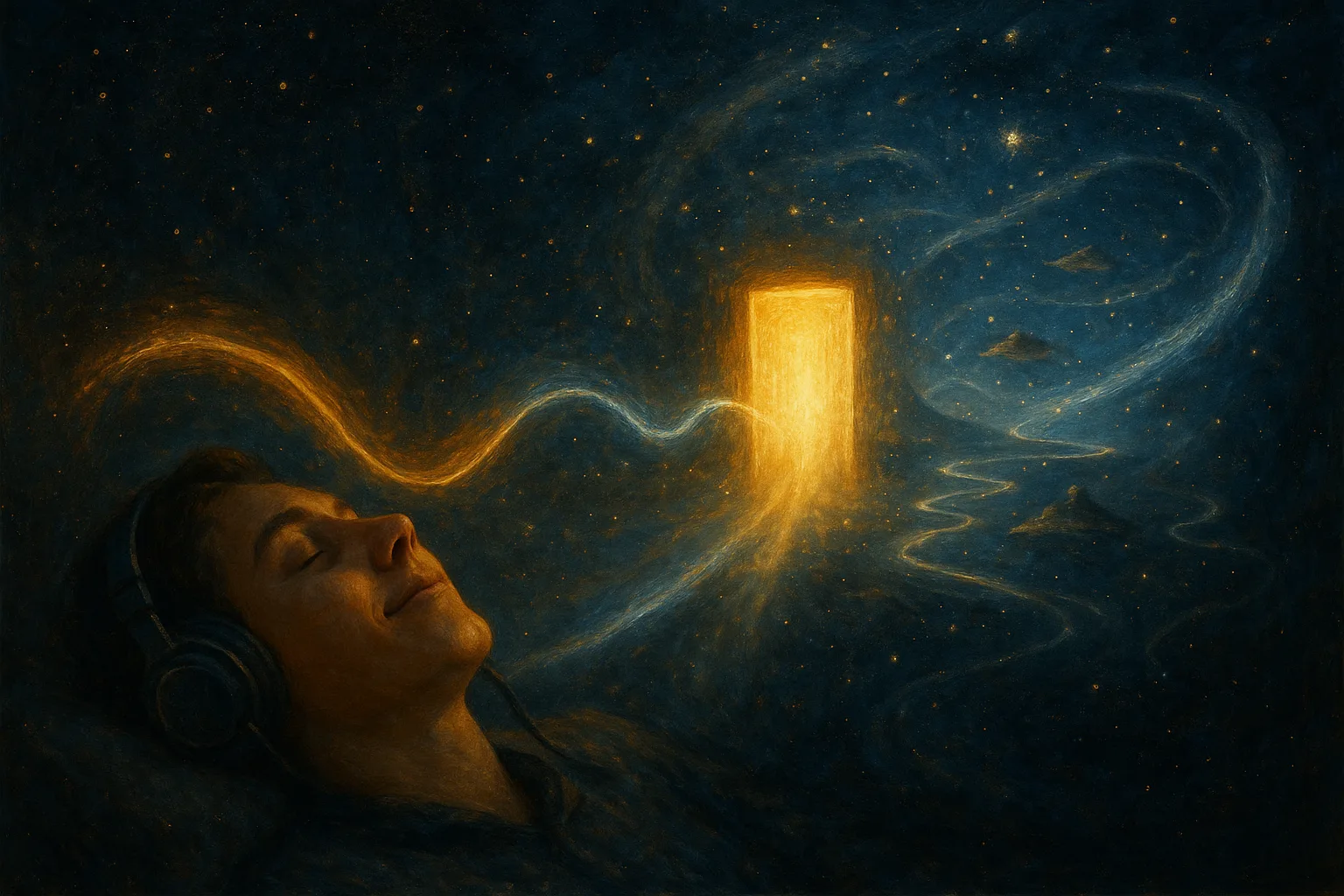 Un dormeur au casque, deux ondes convergeant en une porte de lumière ouvrant sur tout un univers de voyages